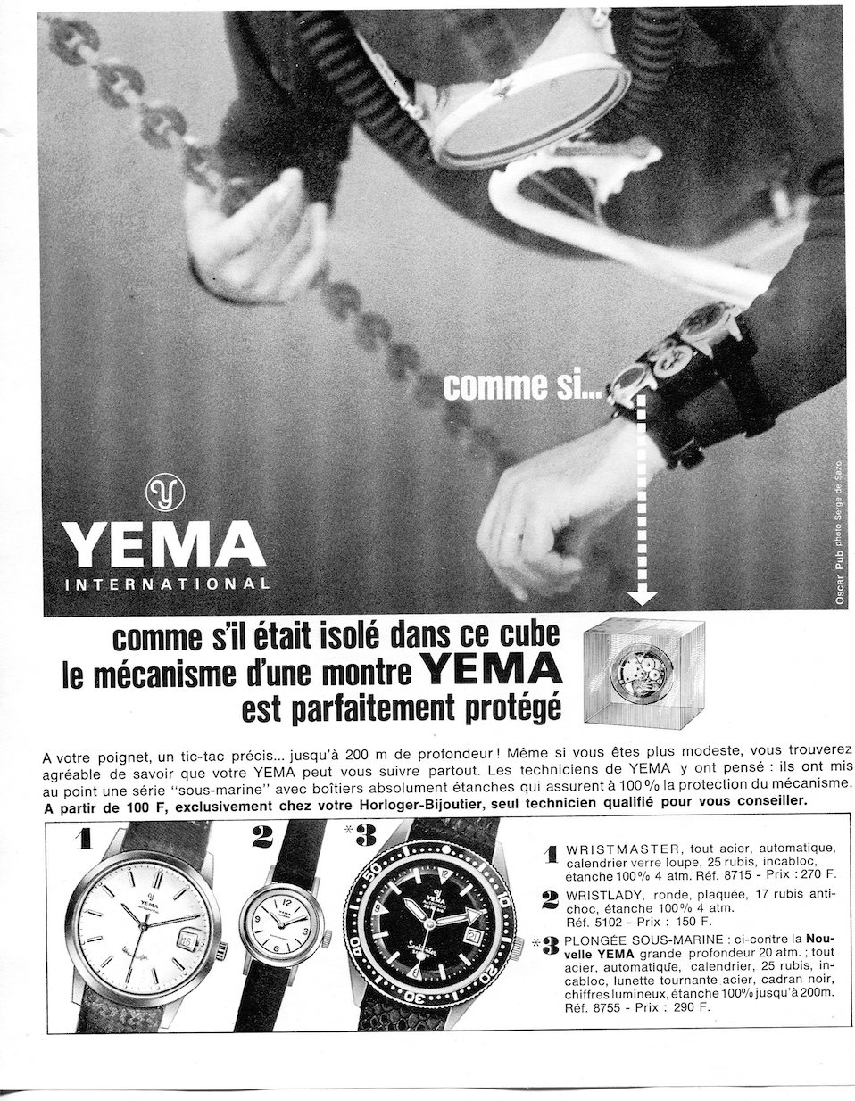 YEMA Wrismaster advertising. As if it was isolated in this cube, the Yema mechanism is perfecly protected
